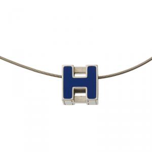 Pre Owned Hermes Cage d'H Blue Enamel Silver Tone Necklace
