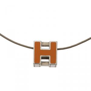 Pre Owned Hermes Cage d'H Orange Enamel Silver Tone Necklace