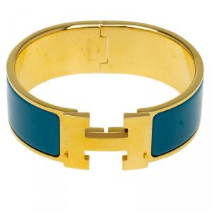 Pre Owned Hermes Clic Clac H Wide Duck Blue Enamel Gold-Plated Bracelet PM