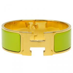 Pre Owned Hermes Clic Clac H Wide Green Enamel Gold Plated Bracelet