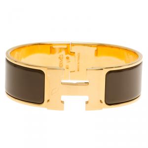 Pre Owned Hermes Clic Clac H Wide Brown Enamel Gold Plated Bracelet