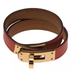 Pre Owned Hermes Kelly Double Tour Gold Plated Capucine Leather Bracelet