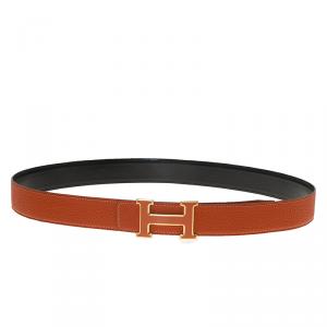 Pre Owned Hermes Orange and Black Leather Constance Reversible Belt Size 95 CM