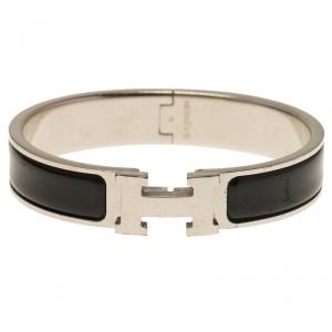 Pre Owned Hermes Clic Clac H Black Enamel Palladium Plated Bracelet