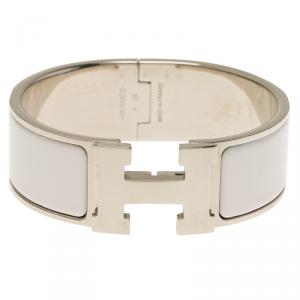 Pre Owned Hermes Clic Clac H Wide White Enamel Palladium Plated Bracelet