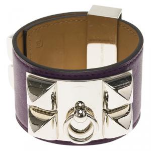 Pre Owned Hermès Collier de Chien Purple Calfskin Leather Palladium Plated Bracelet S