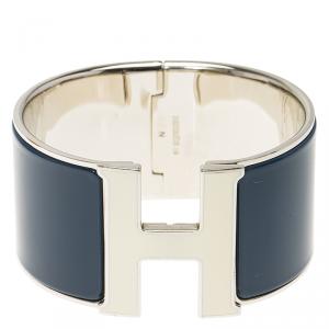 Pre Owned Hermes Clic H Extra Wide Blue Enamel Palladium Plated White Lacquered H Bracelet