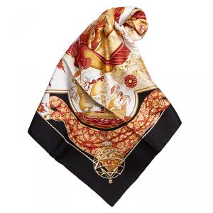 Pre Owned Hermes Black and Red Au dela des Cinq Mers Silk Square Scarf