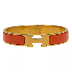 Pre Owned Hermes Clic Clac H Orange Enamel Gold Plated Narrow Bracelet GM