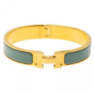 Pre Owned Hermes Clic Clac H Lagoon Blue Enamel Gold Plated Narrow Bracelet GM