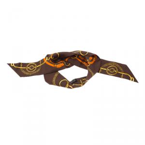 Pre Owned Hermes Brown Horsebit Print Silk Twilly Neck Scarf
