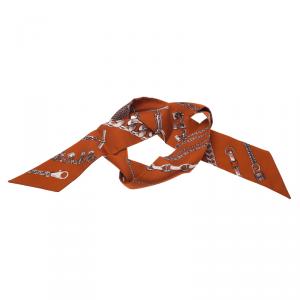Pre Owned Hermes Rust Orange Bracelet Printed Silk Twilly Neck Scarf