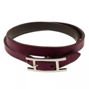 Pre Owned Hermès Hapi 3 MM Purple Leather Palladium Plated Wrap Bracelet GM