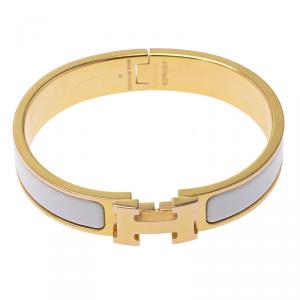 Pre Owned Hermes Clic Clac H White Enamel Gold-Plated Narrow Bracelet PM