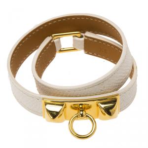 Pre Owned Hermes Rivale Double Tour White Leather Gold Plated Bracelet XS