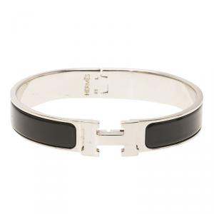 Pre Owned Hermes Clic Clac H Black Enamel Palladium Plated Narrow Bracelet GM