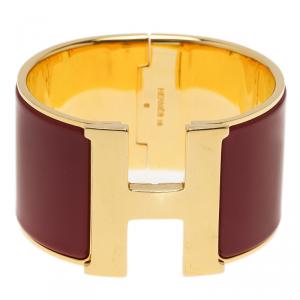Pre Owned Hermes Clic Clac H Extra Wide Red Enamel Gold-Plated Bracelet PM