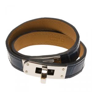 Pre Owned Hermes Blue Kelly Double Tour Alligator Leather Palladium Plated Bracelet S