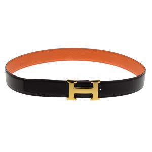 Pre Owned Hermes Orange and Black Leather Constance Reversible Belt 85 CM