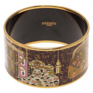 Pre Owned Hermes Extra Wide Printed Enamel Gold Plated Bangle Bracelet