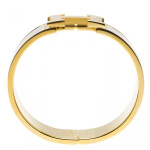 Pre Owned Hermes Clic Clac H White Enamel Gold Plated Wide Bracelet PM