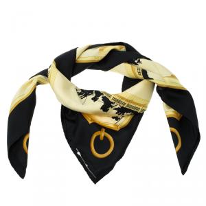 Pre Owned Hermes Yellow and Black Printed Silk Les Ponts De Paris Square Scarf