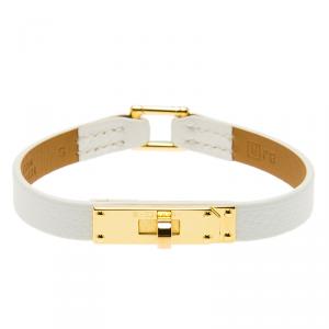 Pre Owned Hermes Micro Kelly White Leather Gold Plated Narrow Bracelet PM
