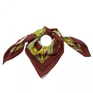 Pre Owned Hermes Burgundy Printed Silk Etriers Square Scarf