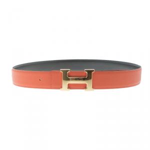 Pre Owned Hermes Orange and Black Leather Constance Reversible Belt 85 CM