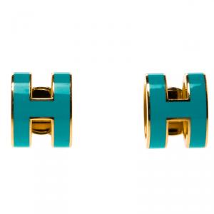 Pre Owned Hermes Pop H Turquoise Lacquered Gold Plated Stud Earrings