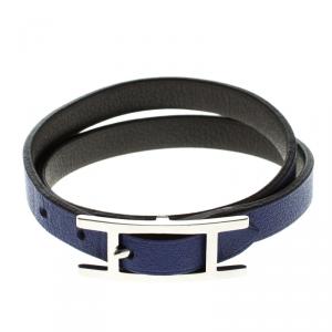 Pre Owned Hermès Hapi 3 MM Blue & Grey Leather Palladium Plated Wrap Bracelet PM