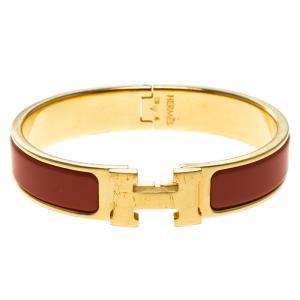 Pre Owned Hermes Clic Clac H Orange Enamel Gold Plated Narrow Bracelet PM