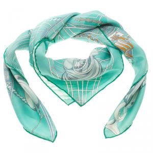 Pre Owned Hermes Tuiga Mint Green Printed Silk Square Scarf