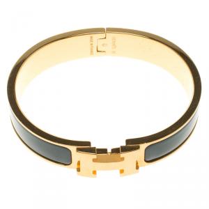 Pre Owned Hermes Clic Clac H Blue Enamel Gold Tone  Narrow Bracelet PM
