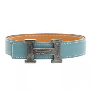 Hermes Blue and Brown Leather Touareg Buckle Belt 80CM