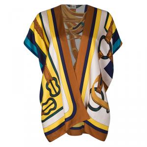Hermes Multicolor Horsebit Printed Silk Open Front Square Blouse ( One Size )