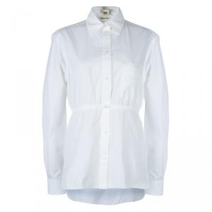Hermes White Gathered Waist Long Sleeve Cotton Shirt L