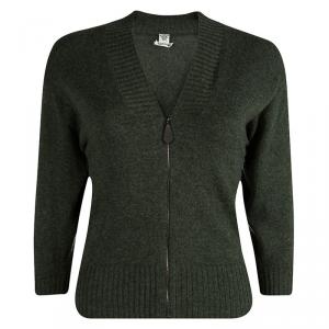Hermes Olive Green Cashmere Zip Front Cardigan S