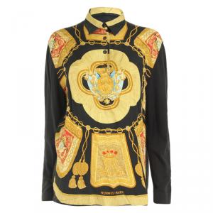Hermes Black Baroque Print Silk Shirt M