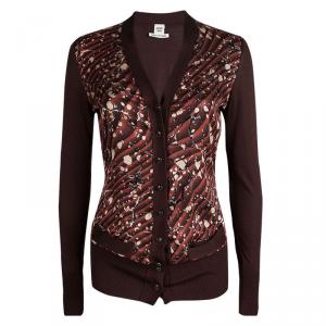Hermes Brown Printed Silk Ribbed Trim Cardigan S