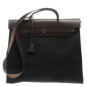 Pre Owned Hermes Dark Brown/Black Leather and Canvas Herbag Zip 39 Bag