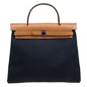 Pre Owned Hermes Tan Leather and Black and Beige Toile Canvas Herbag 2 in 2