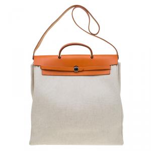 Pre Owned Hermes Tan/Beige Toile Canvas Cabas Herbag MM 2 in 1 Shoulder Bag 