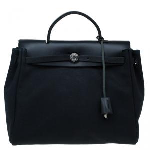 Pre Owned Hermes Beige/Black Canvas and Vache Calfskin Leather 2-in-1 Herbag PM Bag