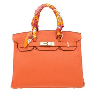 Pre Owned Hermes Orange Togo Leather Gold Hardware Birkin 30 Bag with Twilly Scarf