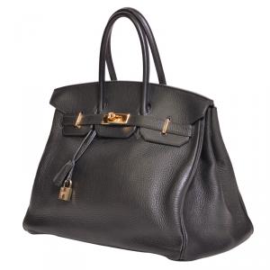 Hermes Noir Taurillon Clemence Leather Gold Hardware Birkin 35 Bag