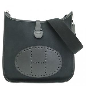 Hermes  Chevron/Swift Black Toile Evelyne I PM Shoulder Bag