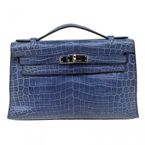 Hermes Blue Niloticus Crocodile Palladium Kelly Pochette