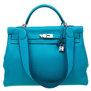 Hermes Turquoise Clemence Leather Palladium Hardware Kelly Retourne 40 Bag