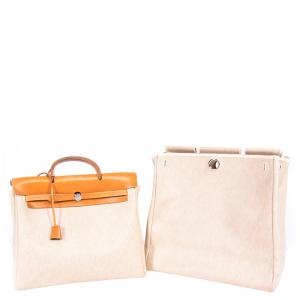 Hermes Beige and Orange Canvas and Vache Calfskin Leather Herbag GM Bag